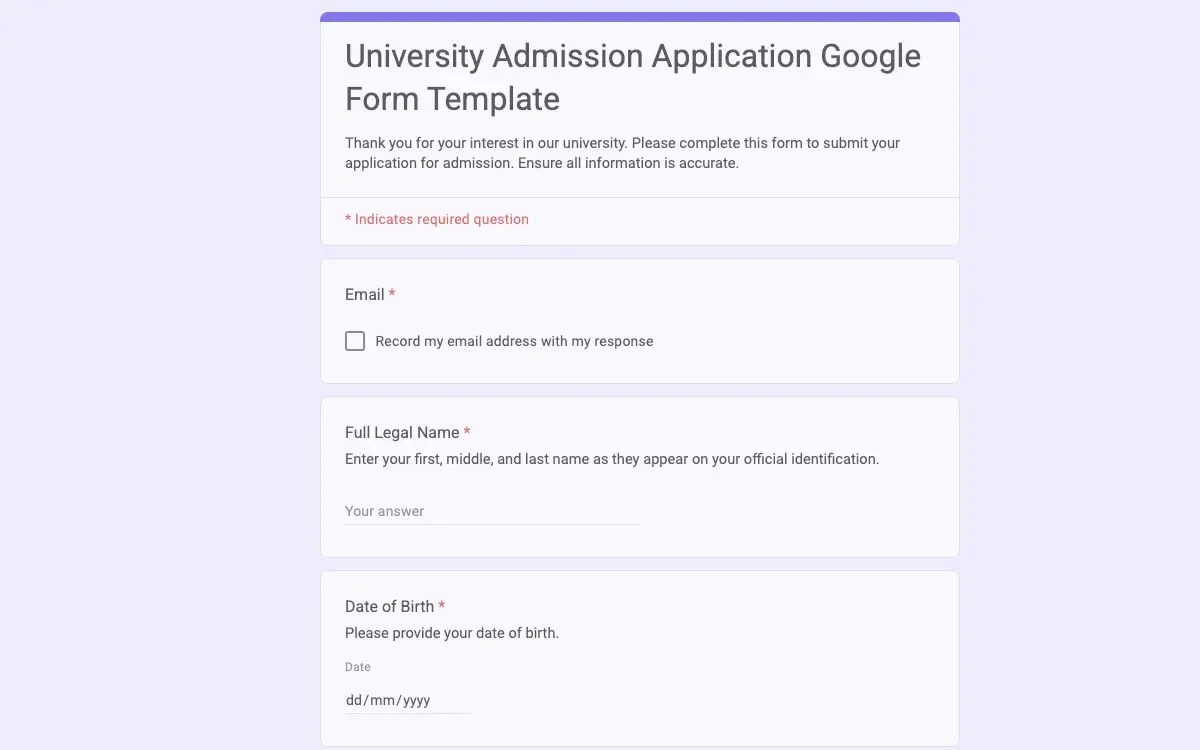 Preview of University Admission Application Google Form Template