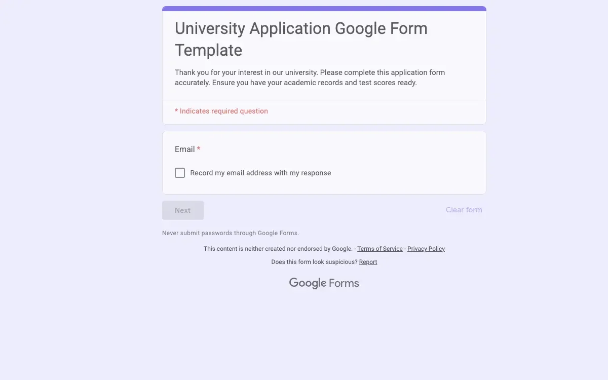 Preview of University Application Google Form Template