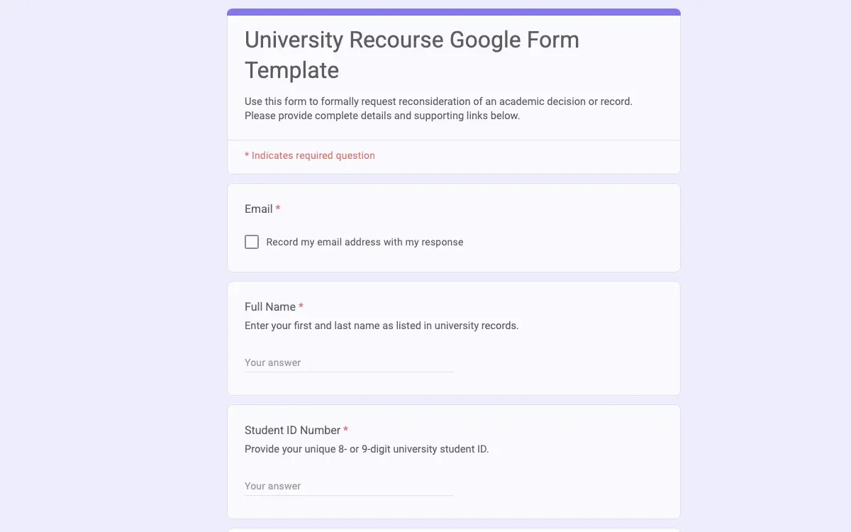 Preview of University Recourse Google Form Template