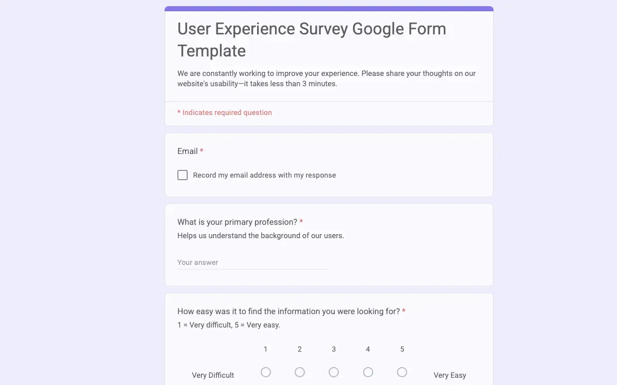 Preview of User Experience Survey Google Form Template