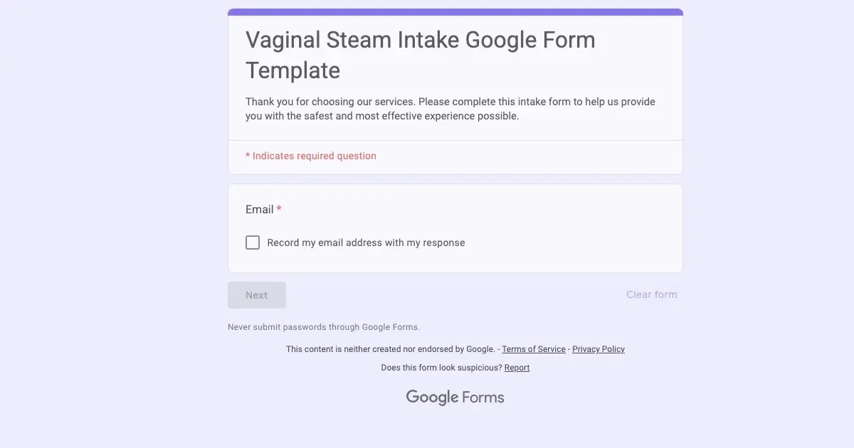 Vaginal Steam Intake Google Form Template | Doc2Form