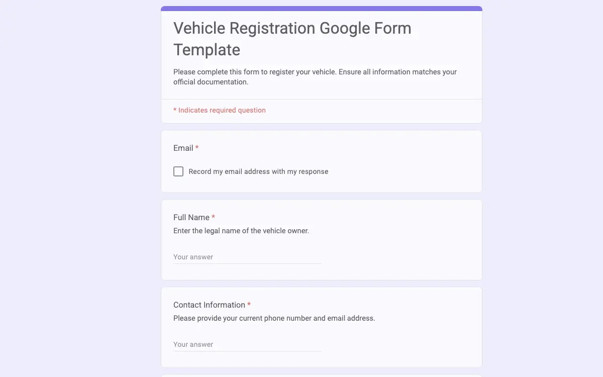 Preview of Vehicle Registration Google Form Template