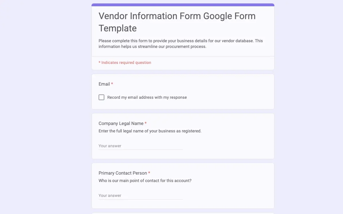 Preview of Vendor Information Form Google Form Template