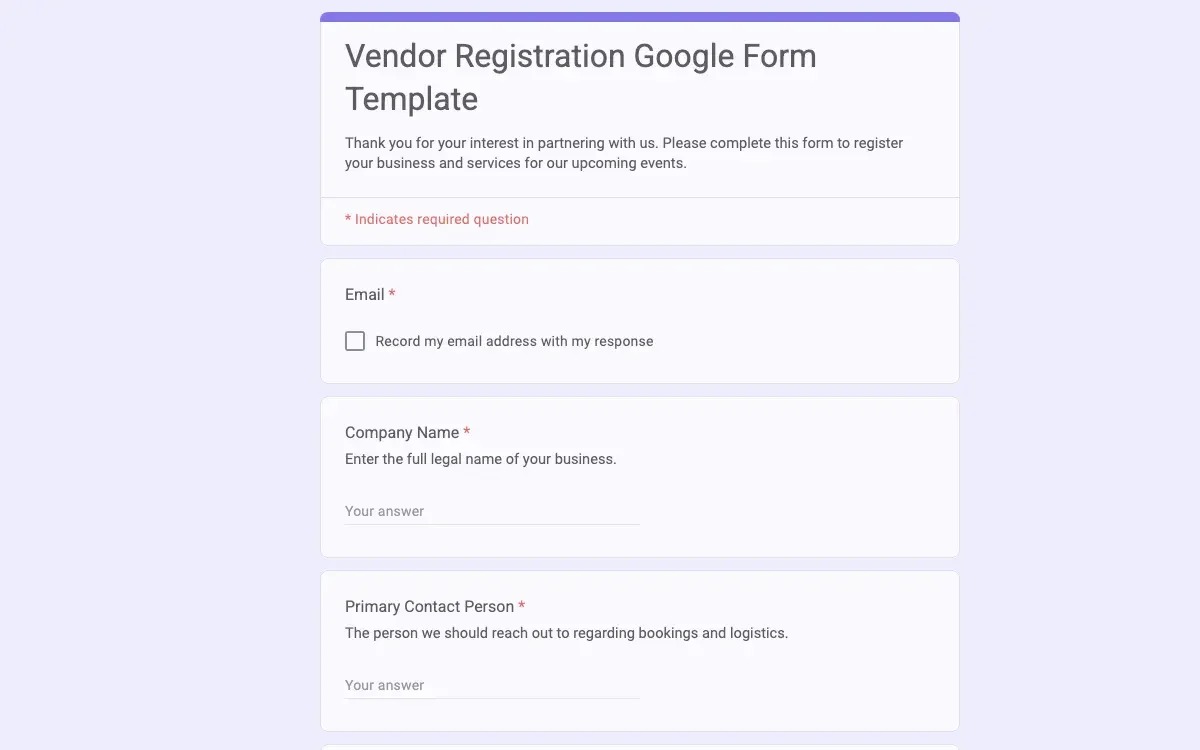 Preview of Vendor Registration Google Form Template