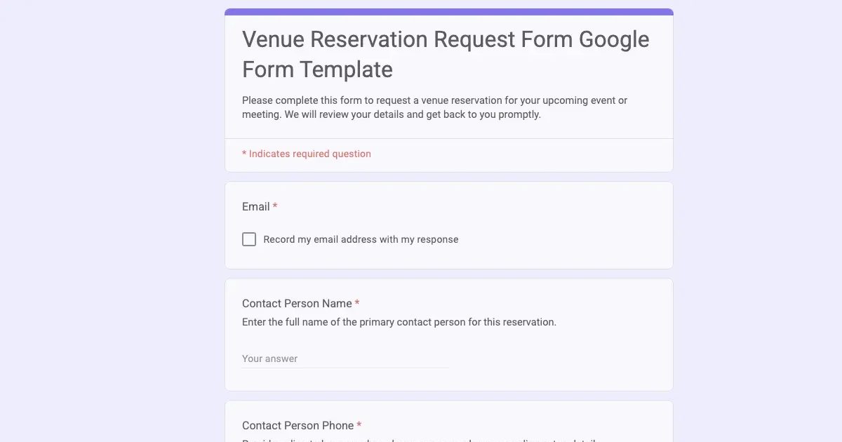 Venue Reservation Request Form Google Form Template | Doc2Form