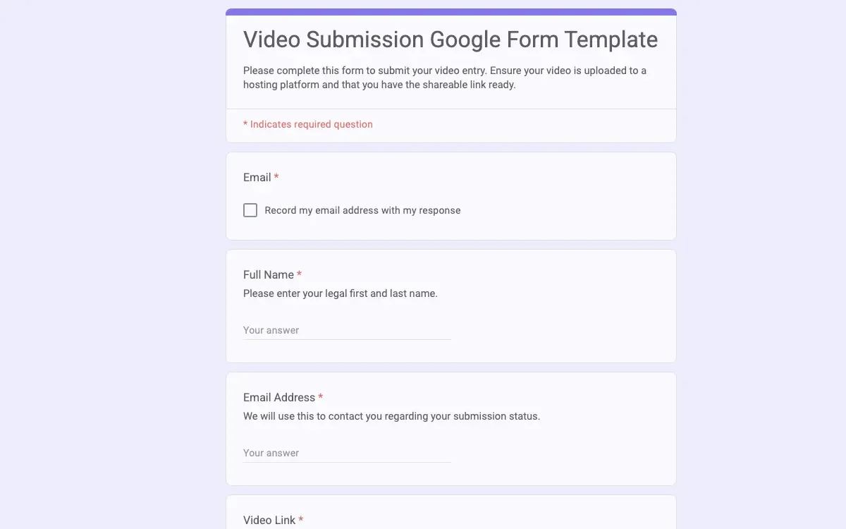 Preview of Video Submission Google Form Template