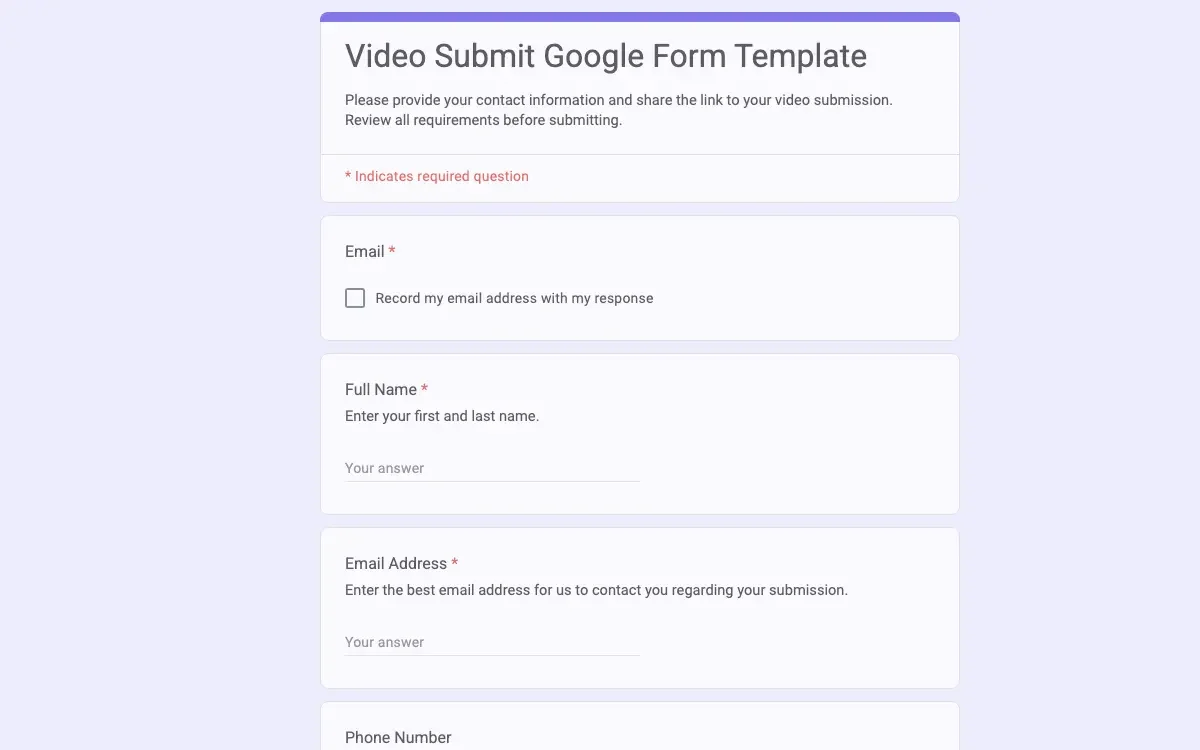 Preview of Video Submit Google Form Template