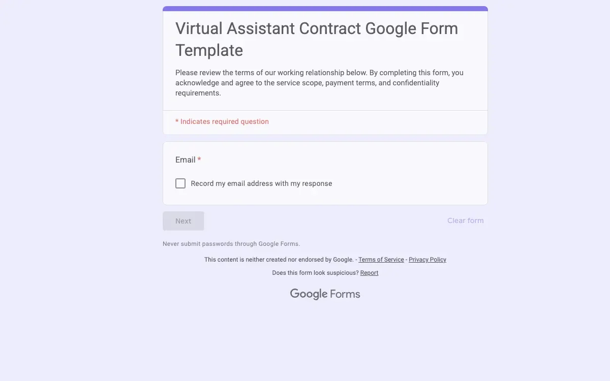 Preview of Virtual Assistant Contract Google Form Template