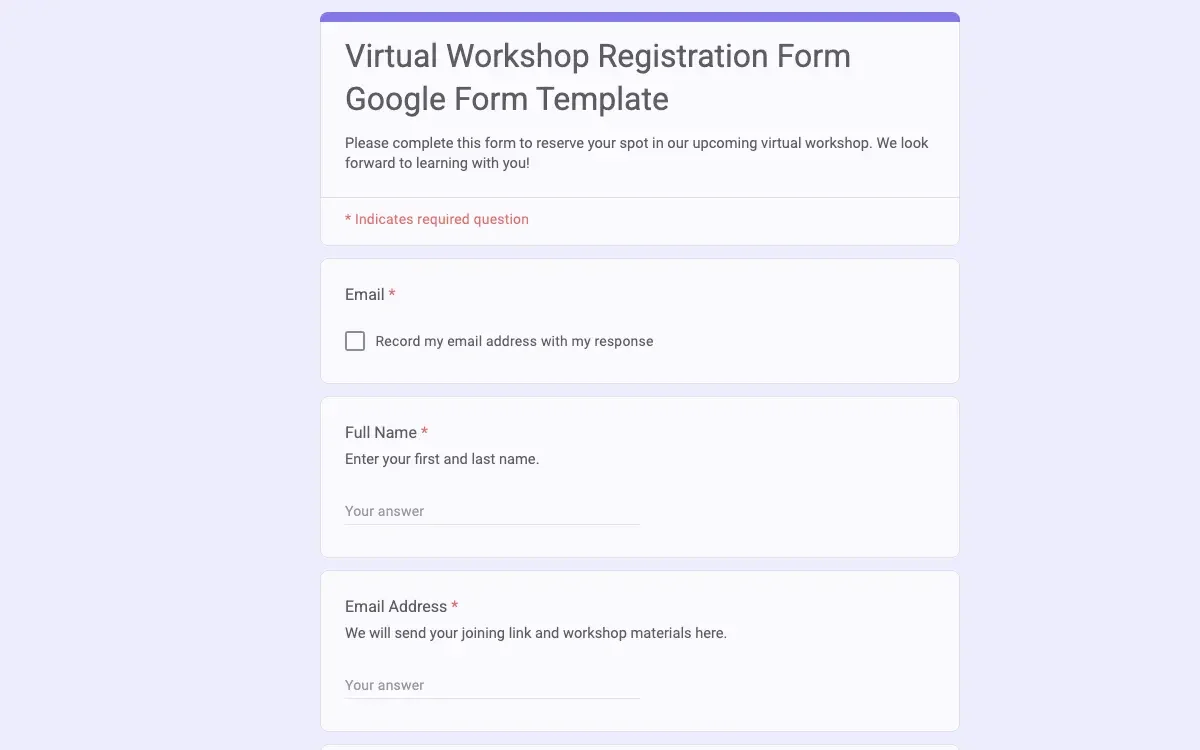 Preview of Virtual Workshop Registration Form Google Form Template