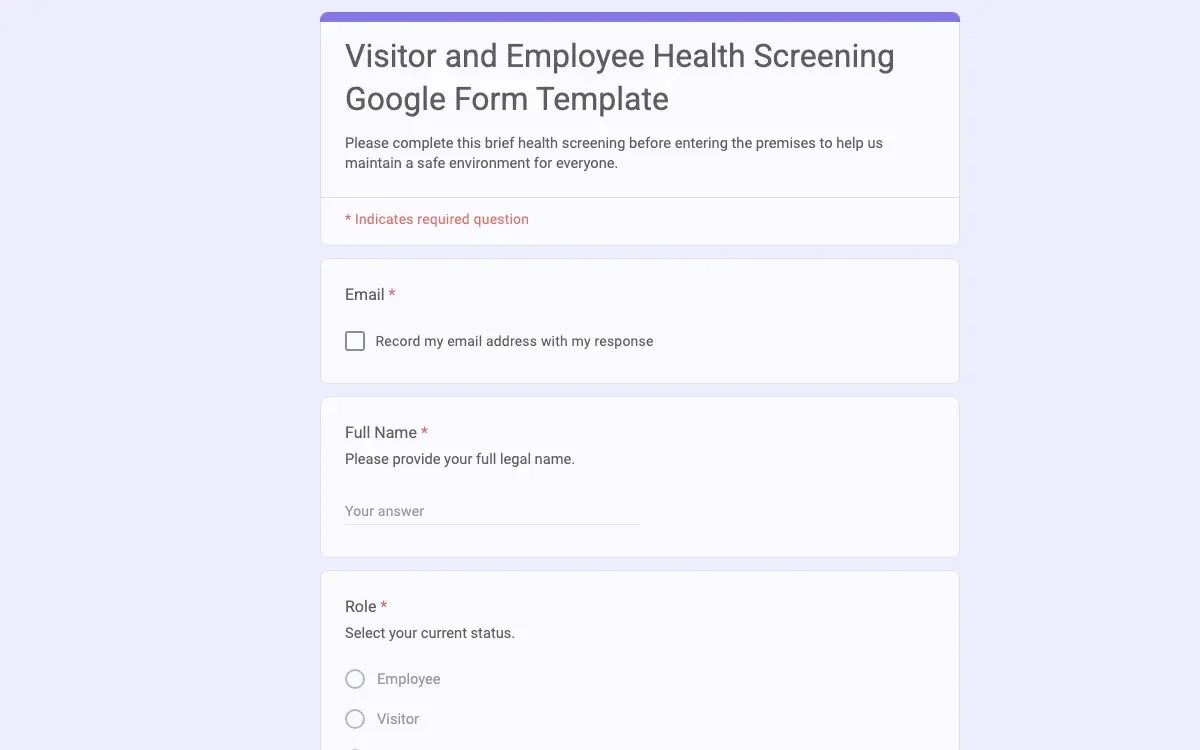 Preview of Visitor and Employee Health Screening Google Form Template