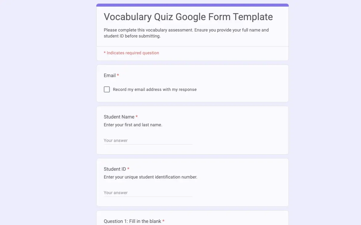 Preview of Vocabulary Quiz Google Form Template