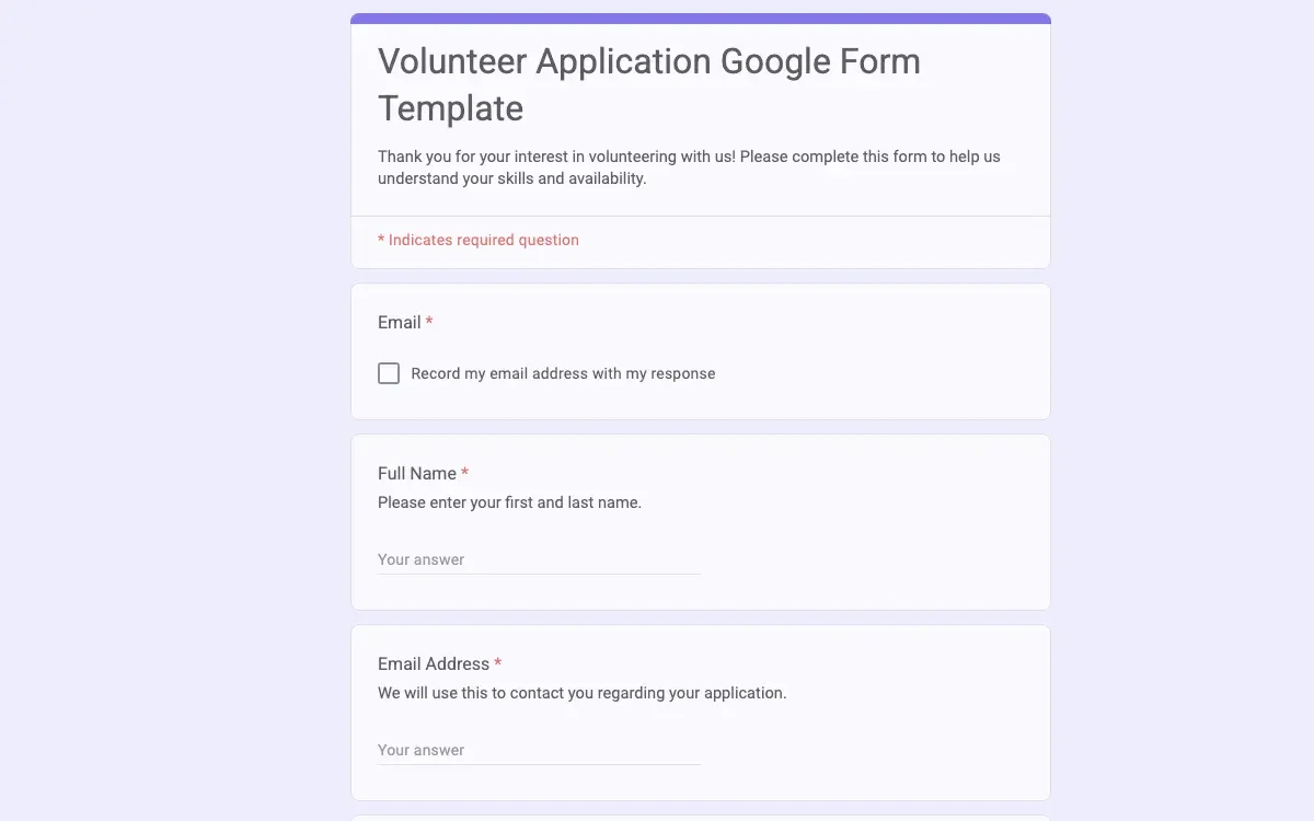 Preview of Volunteer Application Google Form Template