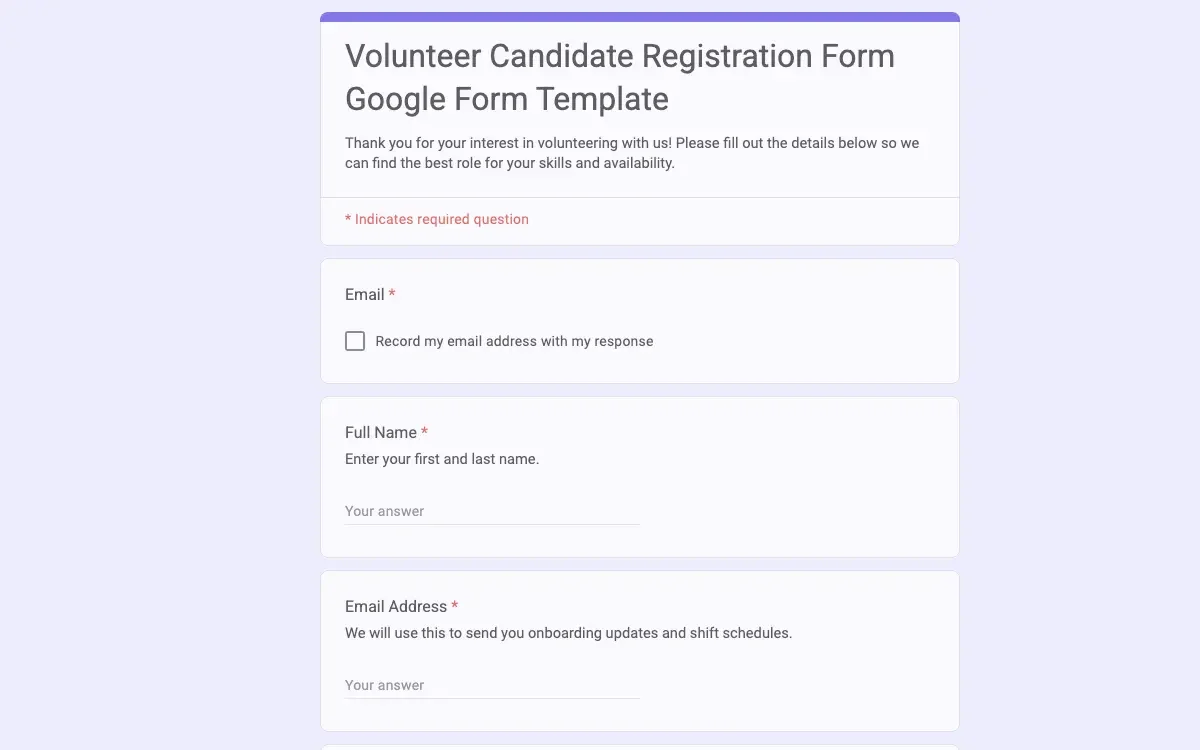 Preview of Volunteer Candidate Registration Form Google Form Template