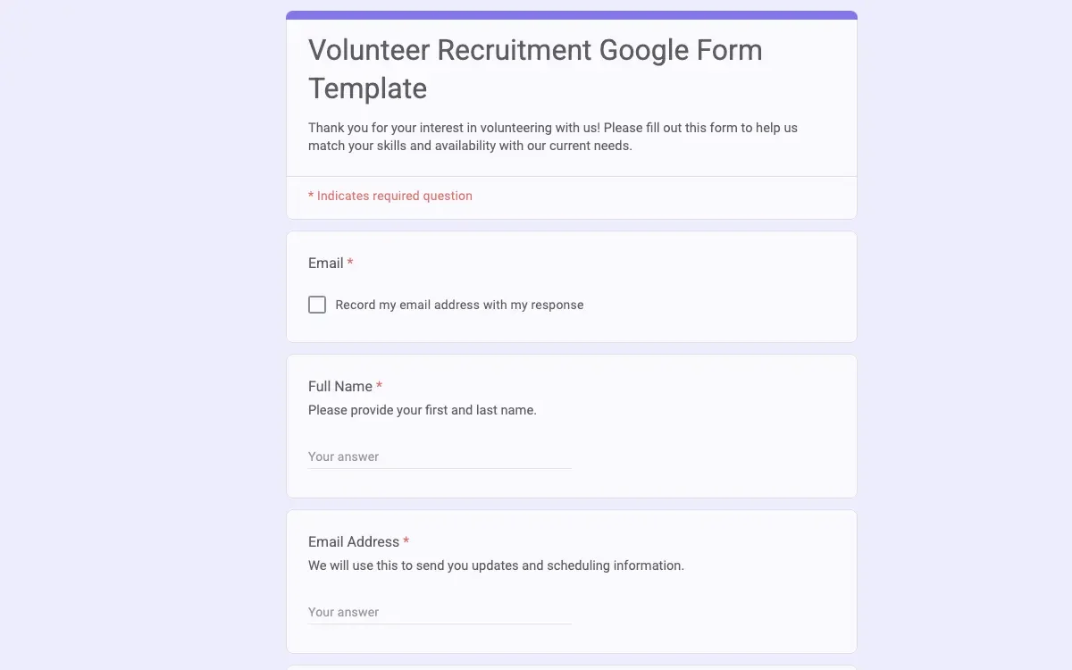 Preview of Volunteer Recruitment Google Form Template