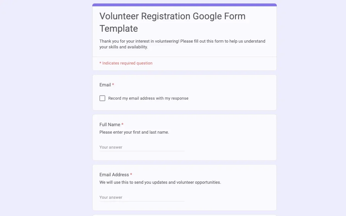 Preview of Volunteer Registration Google Form Template