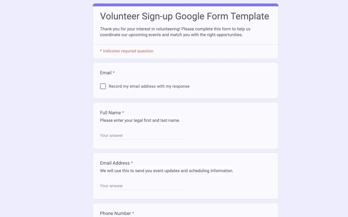 Preview of Volunteer Sign-up Google Form Template