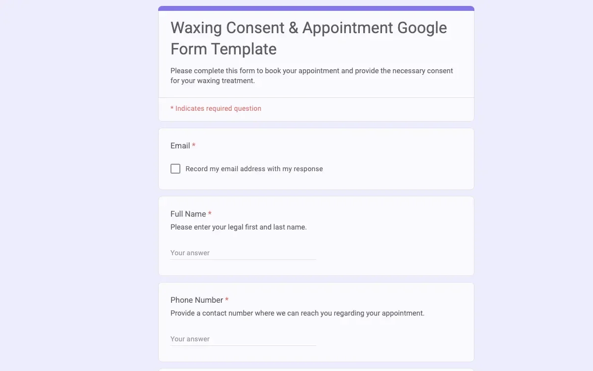 Preview of Waxing Consent & Appointment Google Form Template