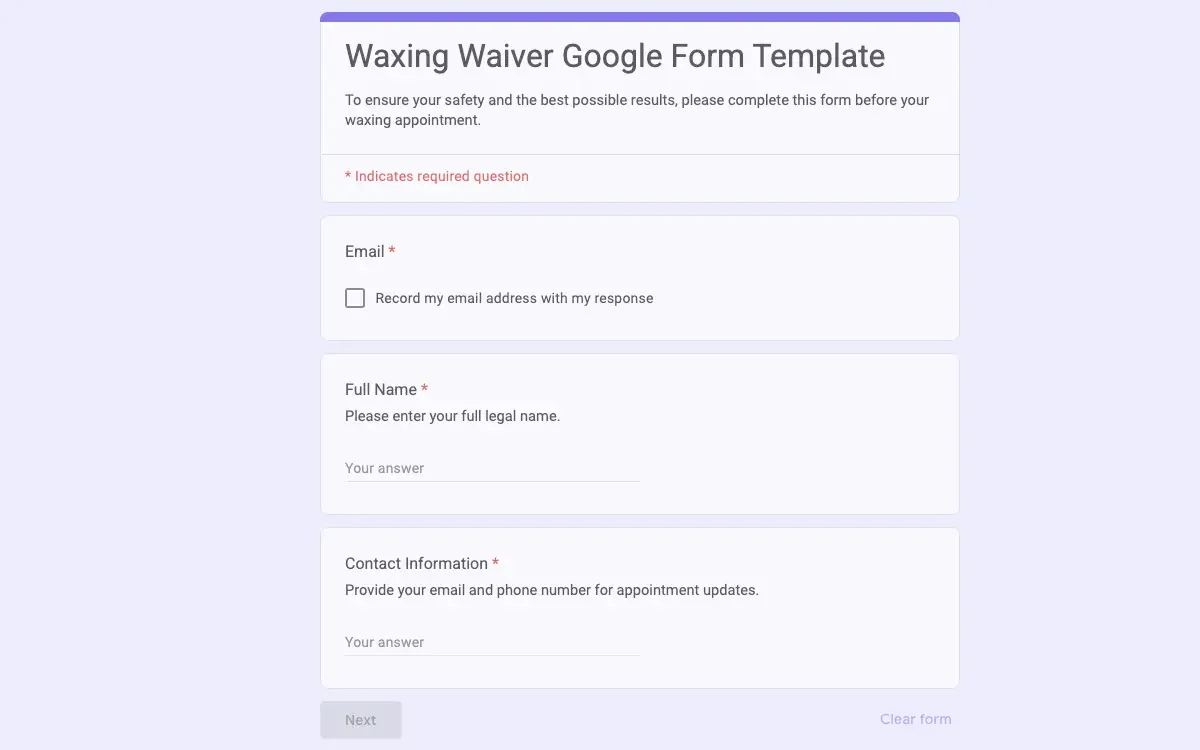 Preview of Waxing Waiver Google Form Template
