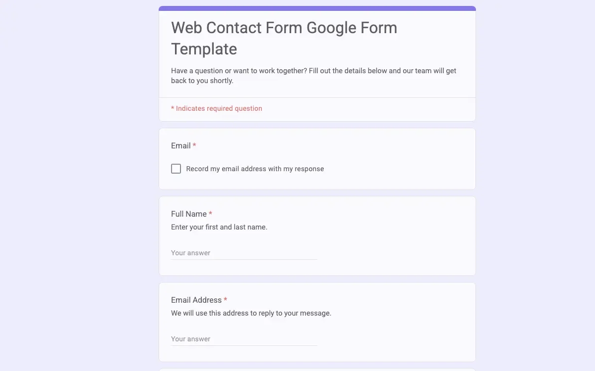 Preview of Web Contact Form Google Form Template