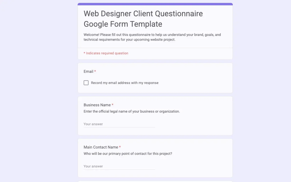 Preview of Web Designer Client Questionnaire Google Form Template