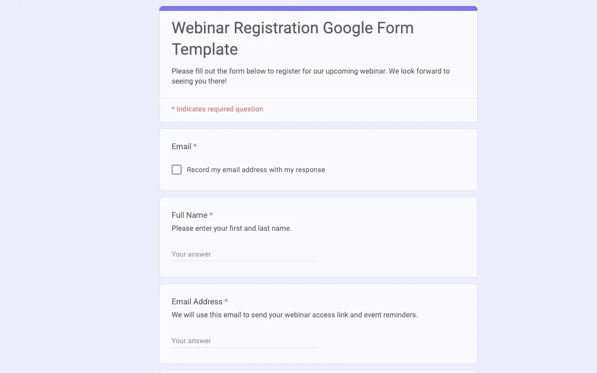 Preview of Webinar Registration Google Form Template