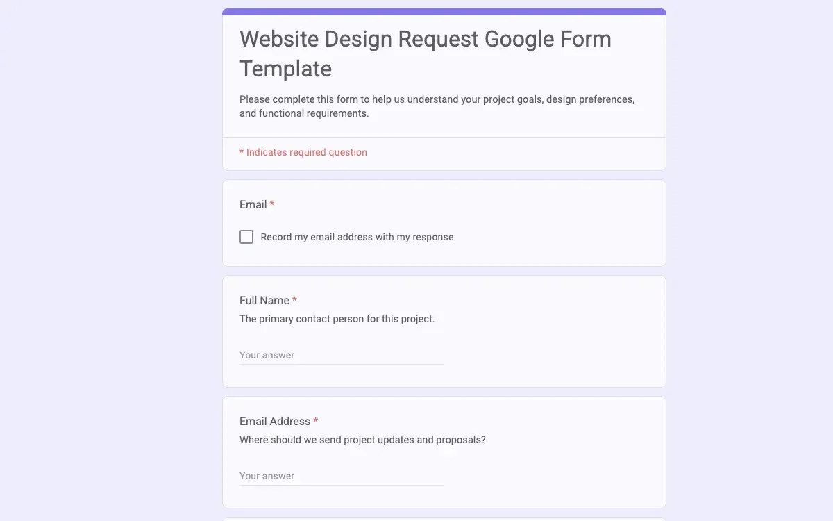 Preview of Website Design Request Google Form Template