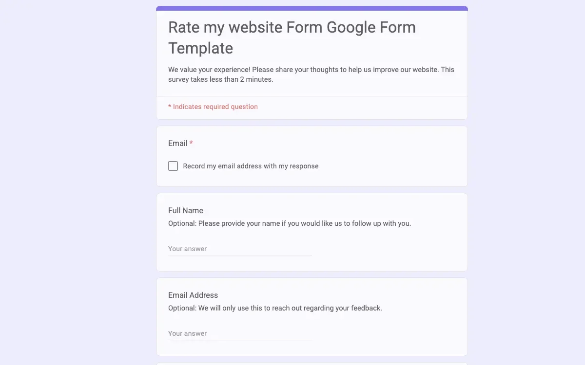 Preview of Rate my website Form Google Form Template