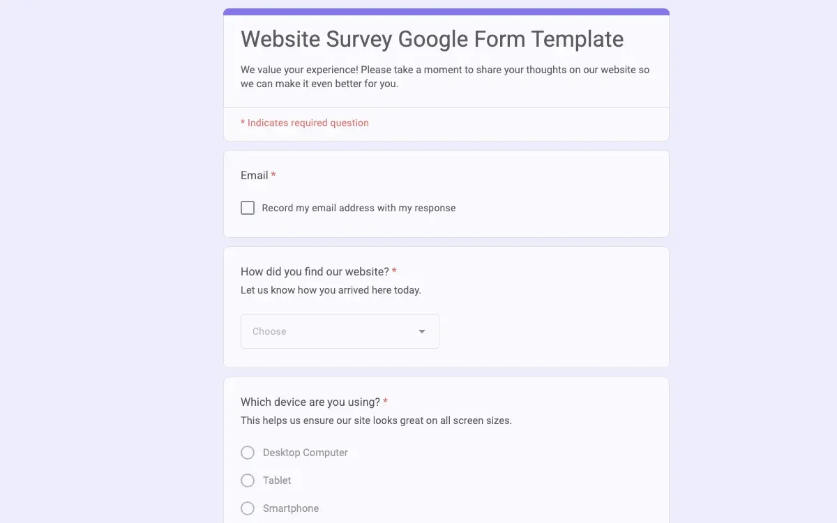 Preview of Website Survey Google Form Template