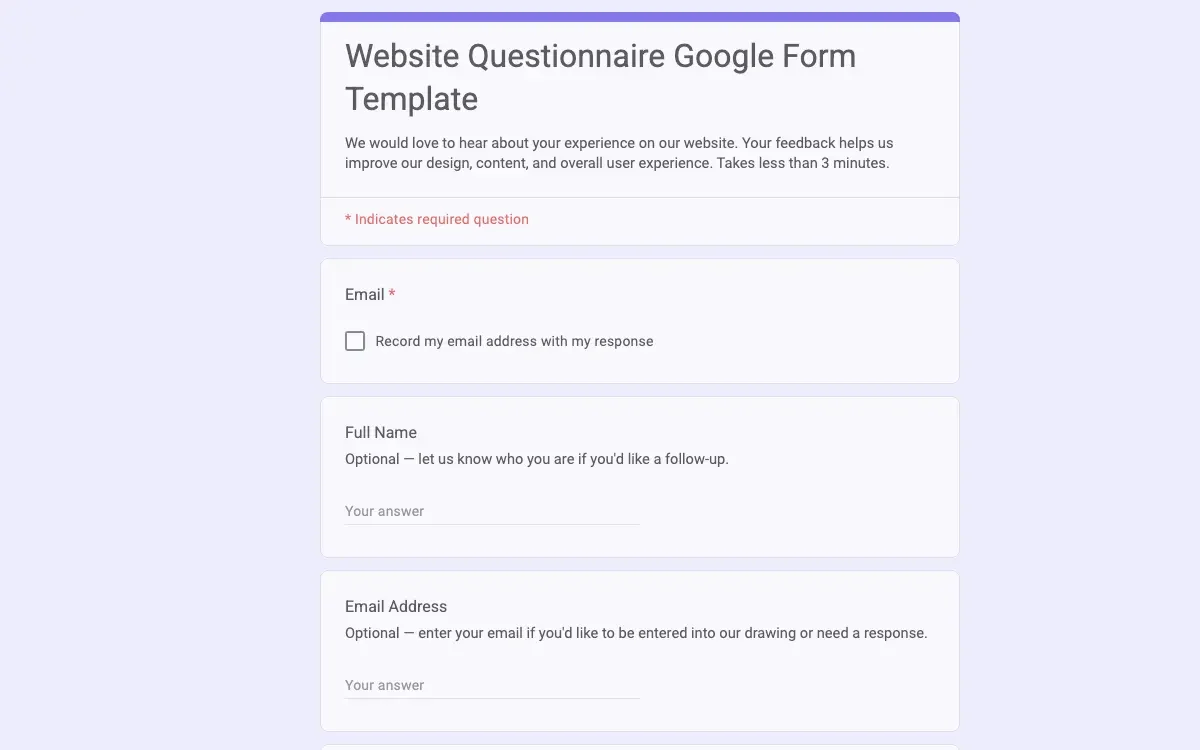 Preview of Website Questionnaire Google Form Template
