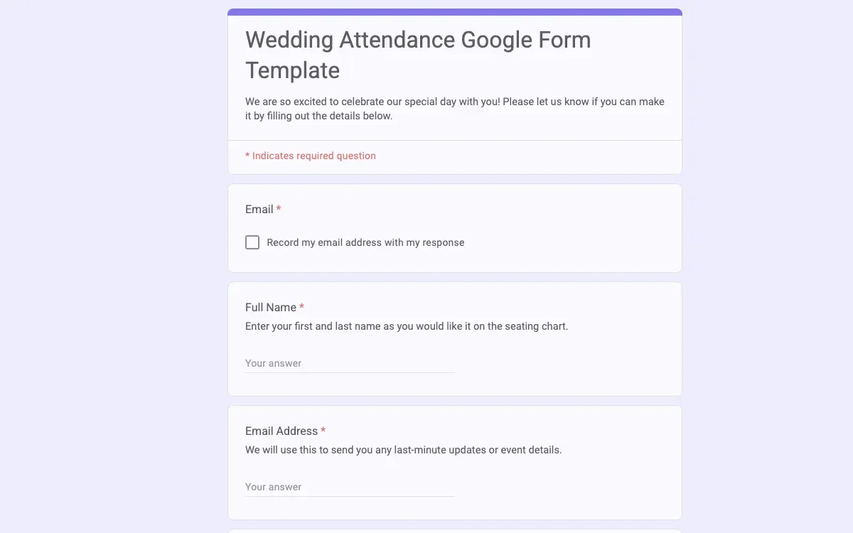 Preview of Wedding Attendance Google Form Template