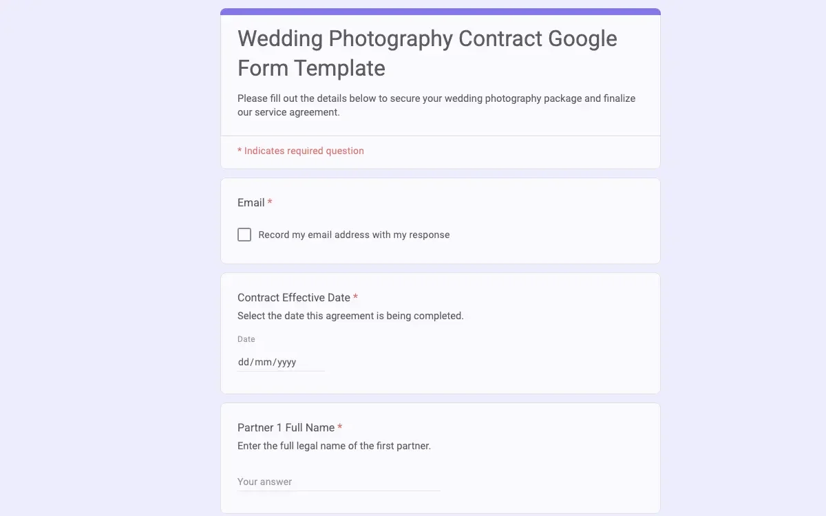 Preview of Wedding Photography Contract Google Form Template
