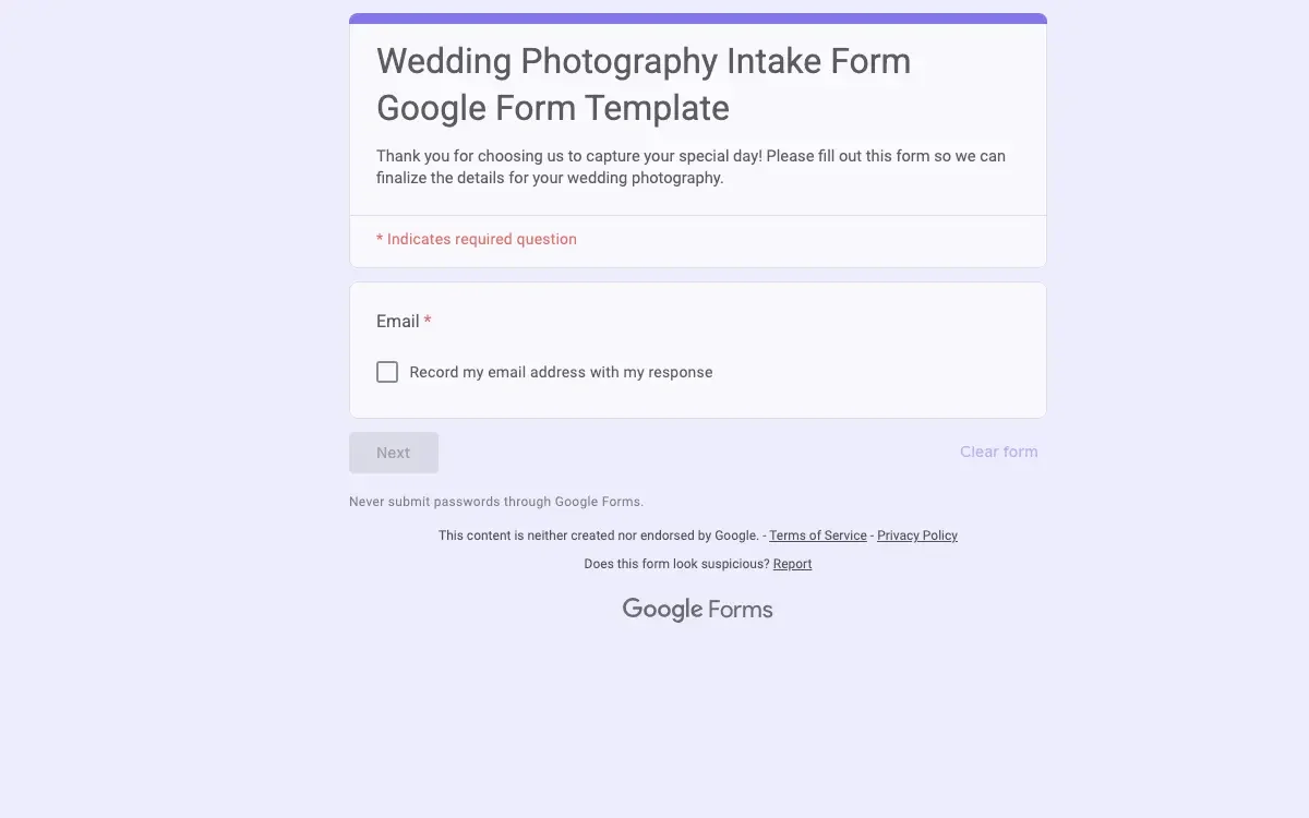 Preview of Wedding Photography Intake Form Google Form Template