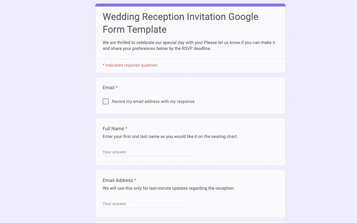 Preview of Wedding Reception Invitation Google Form Template