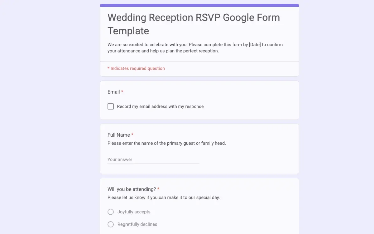 Preview of Wedding Reception RSVP Google Form Template