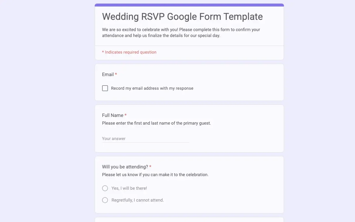 Preview of Wedding RSVP Google Form Template