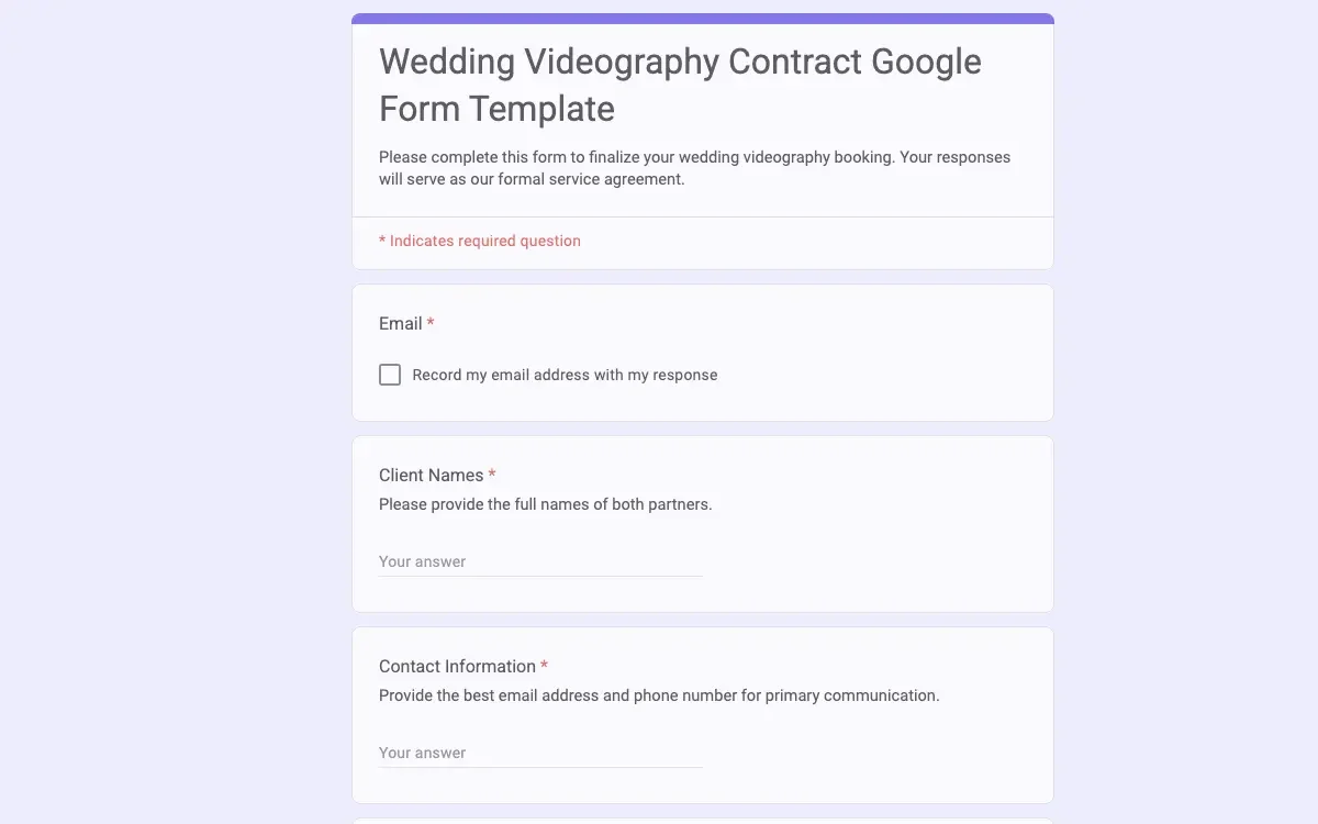 Preview of Wedding Videography Contract Google Form Template
