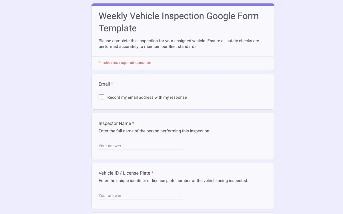 Preview of Weekly Vehicle Inspection Google Form Template