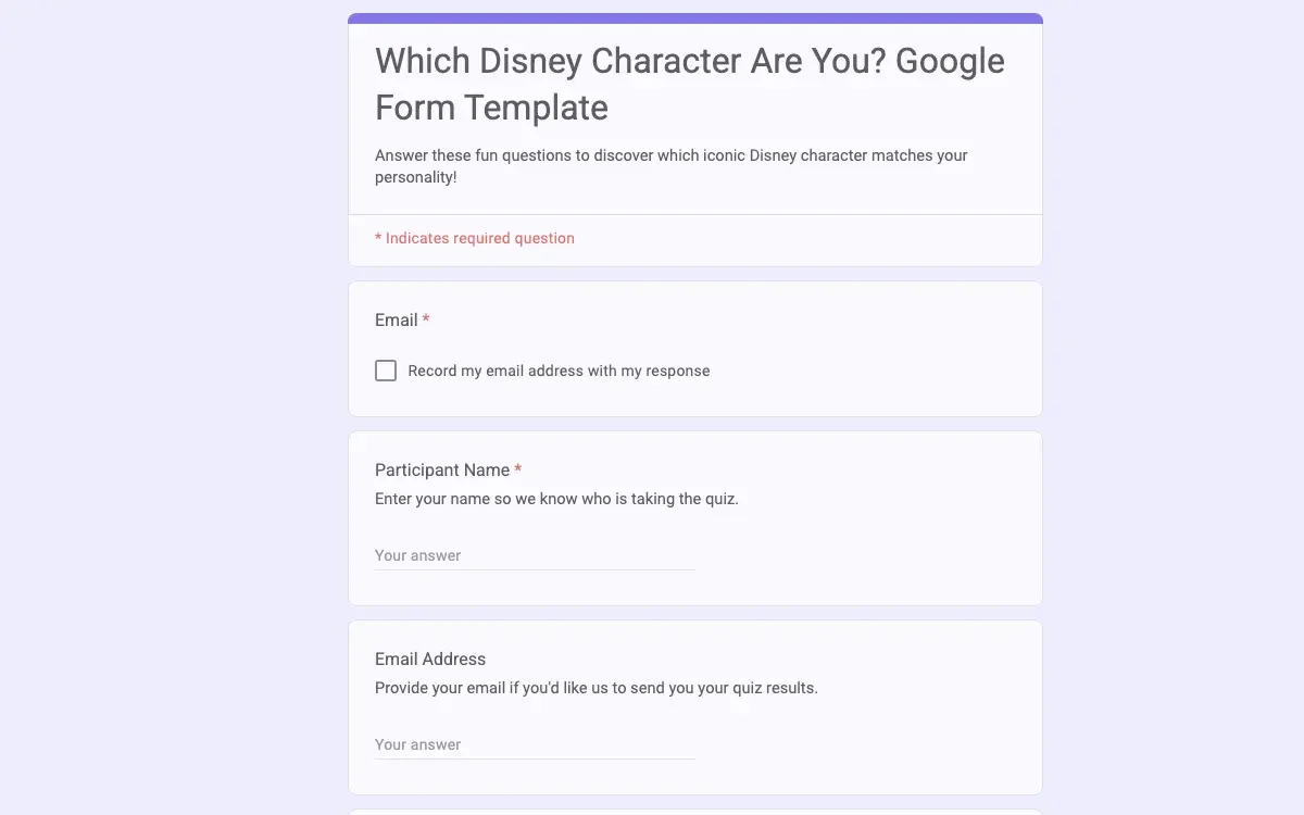 Preview of Which Disney Character Are You? Google Form Template