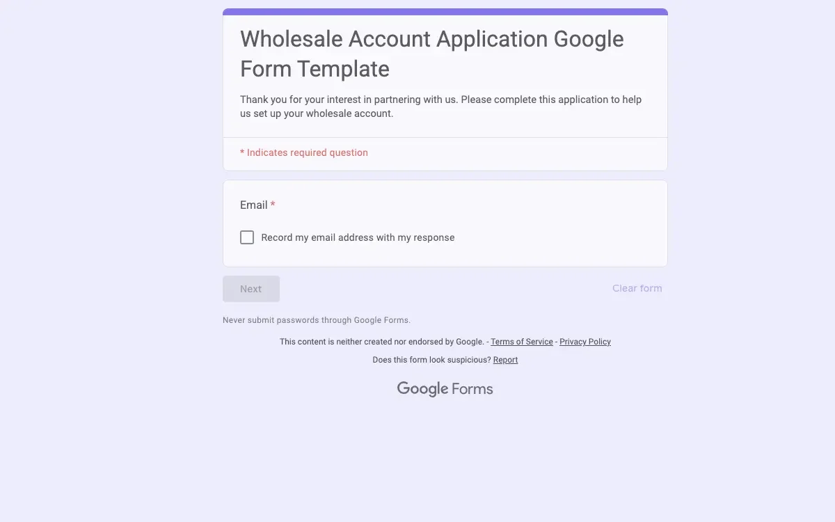 Preview of Wholesale Account Application Google Form Template