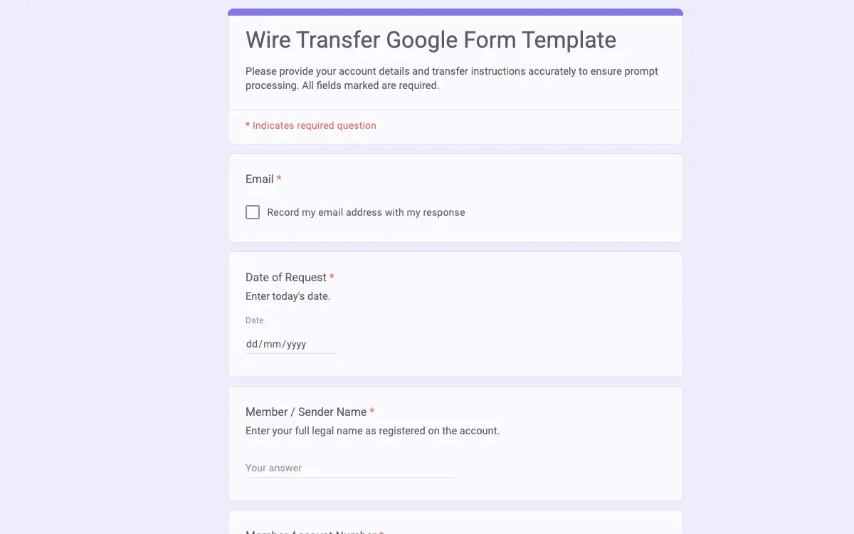 Preview of Wire Transfer Google Form Template