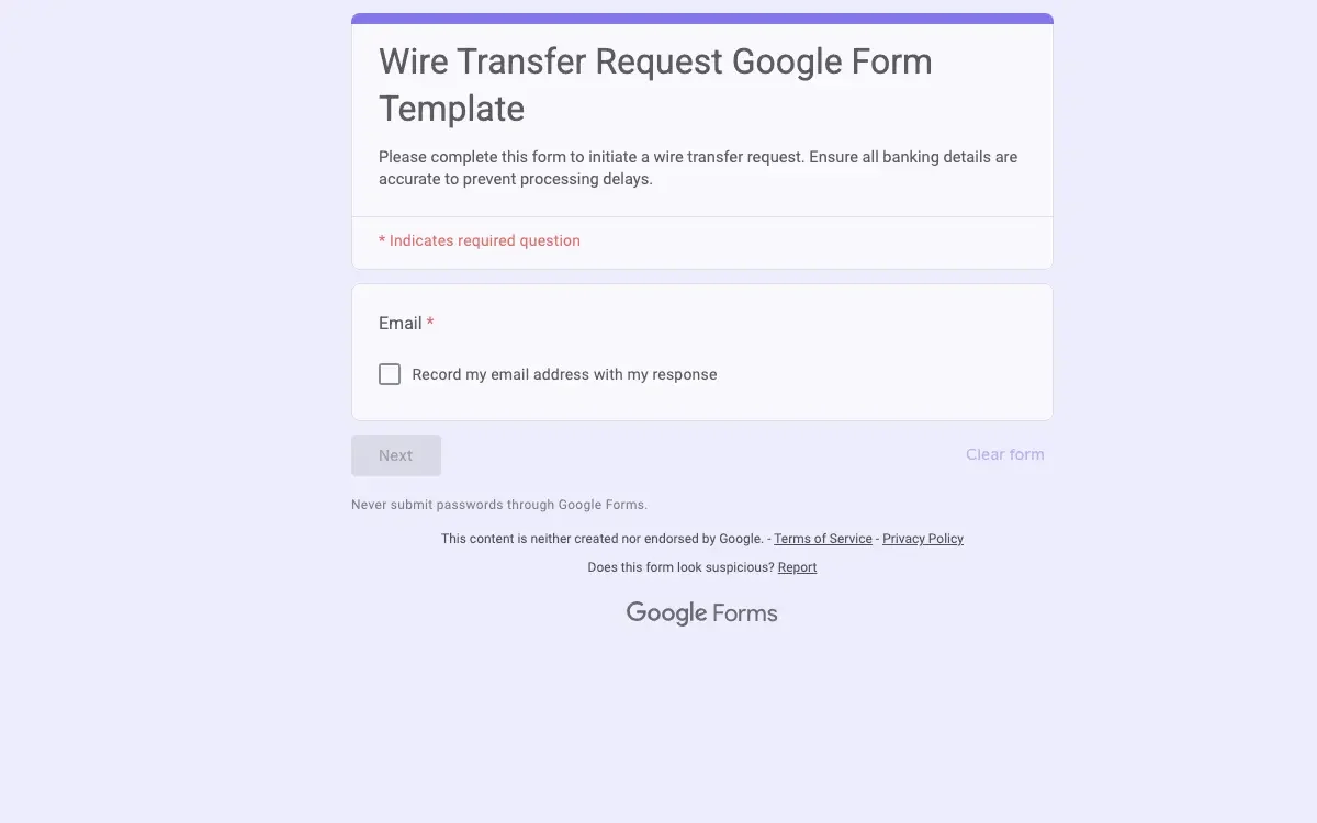 Preview of Wire Transfer Request Google Form Template