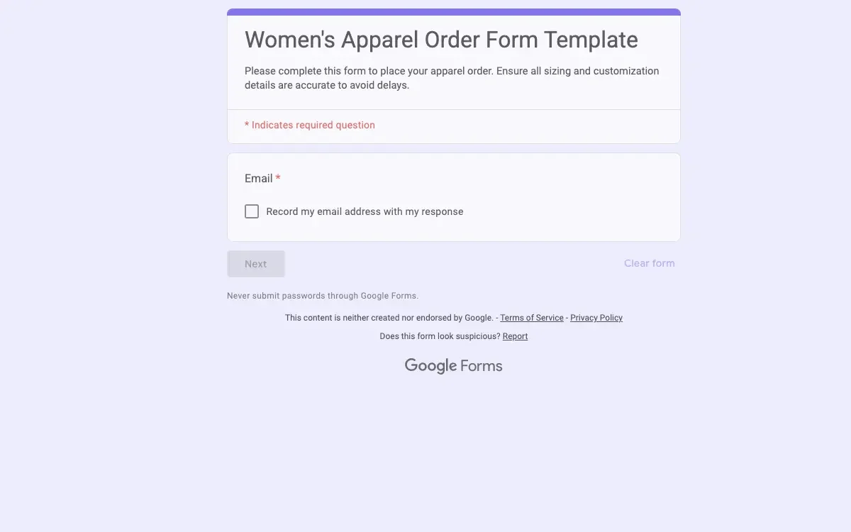 Preview of Women's Apparel Order Form Template