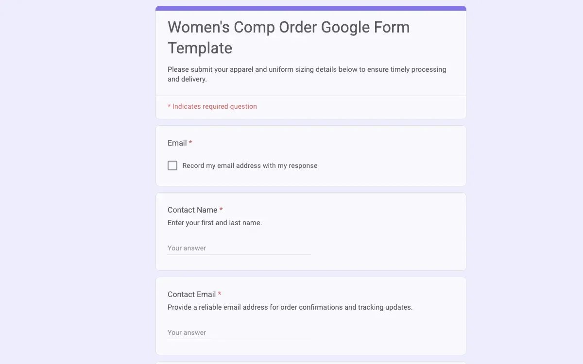 Preview of Women's Comp Order Google Form Template