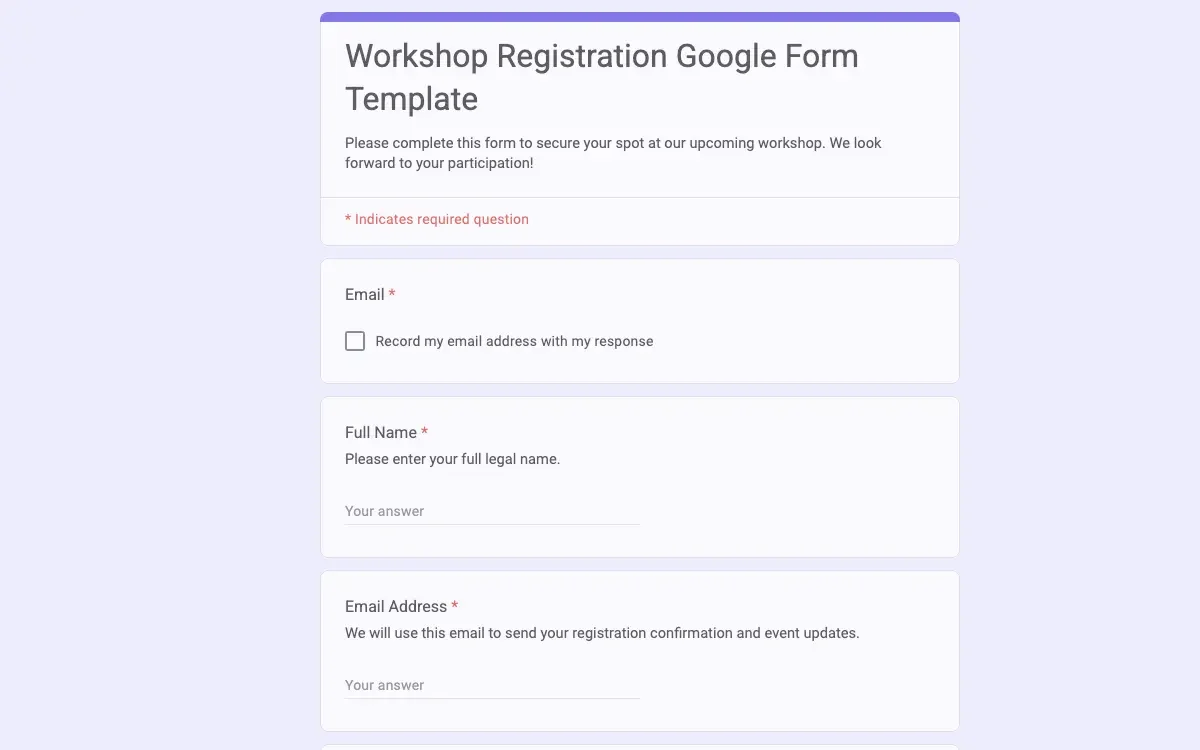 Preview of Workshop Registration Google Form Template