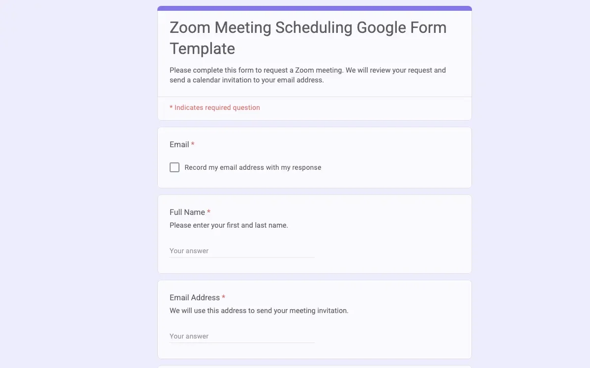 Preview of Zoom Meeting Scheduling Google Form Template