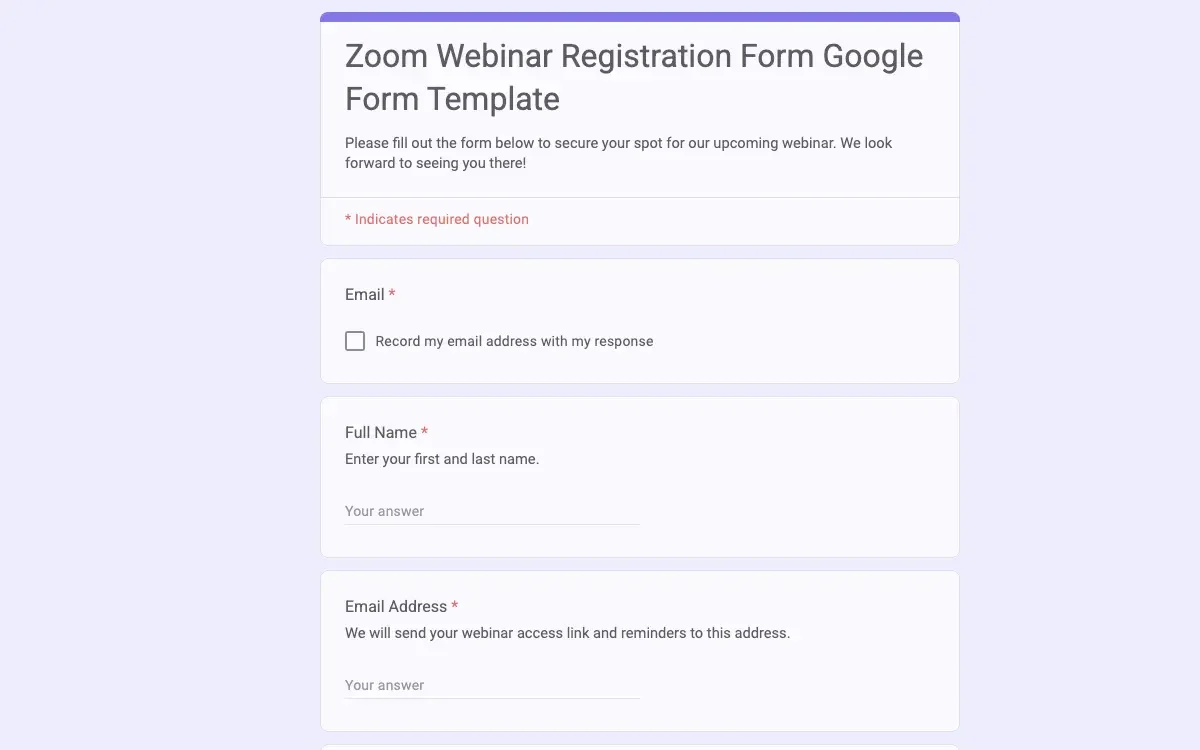 Preview of Zoom Webinar Registration Form Google Form Template